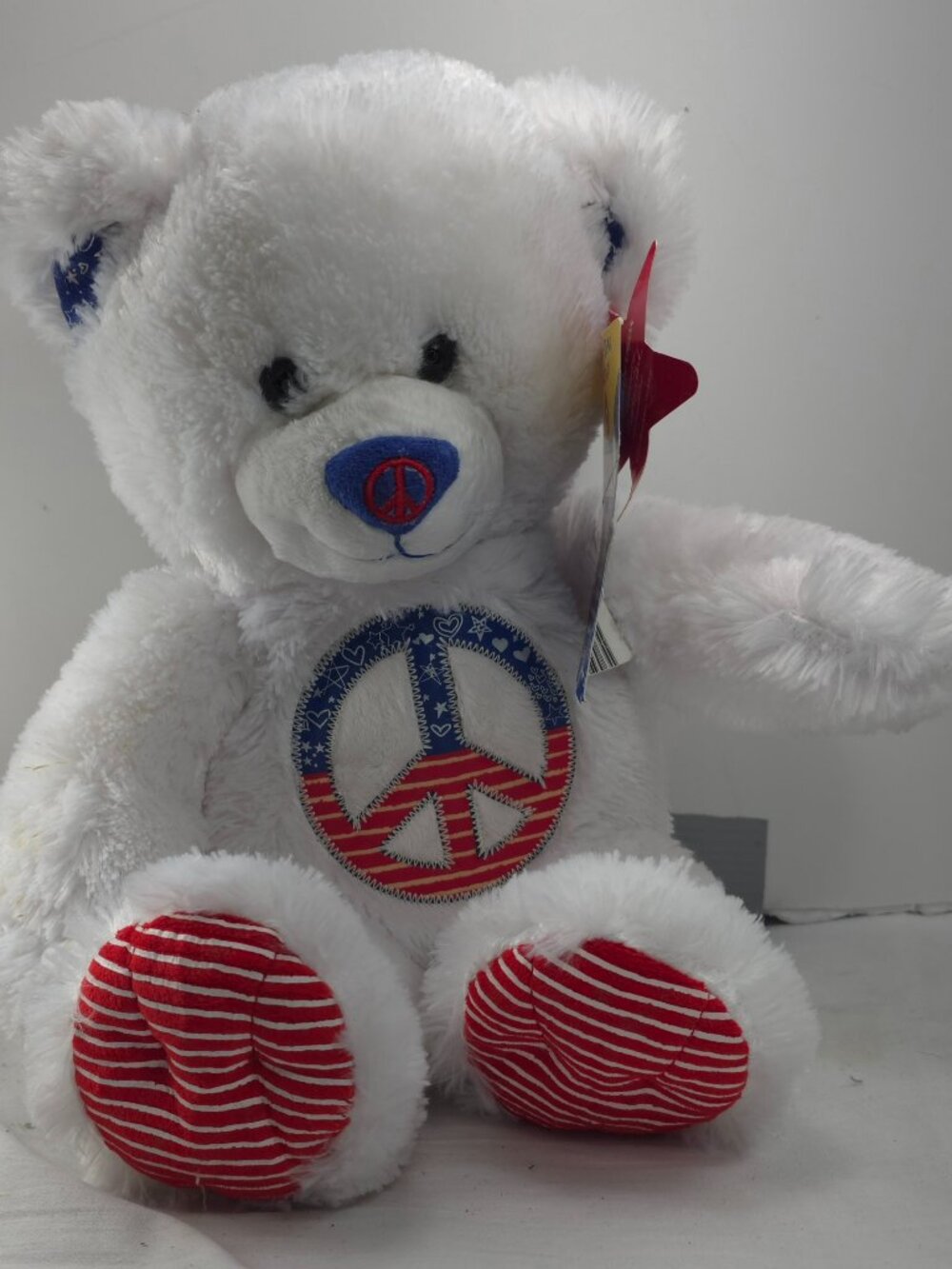 New Build a Bear Patriotic Peace Sign Teddy White Symbol 17" Stuffed Plush